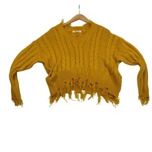 Rewind Mustard Yellow Distressed Cable Knit Cropped V-Neck Sweater Small